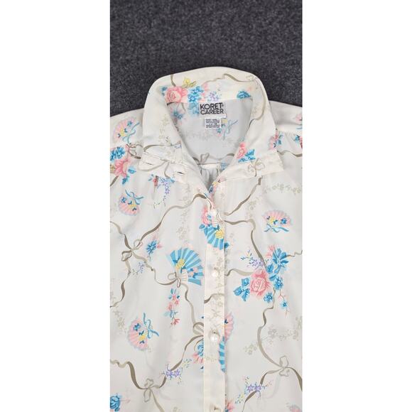 VTG Koret Career blouse sz12 cream pastel floral print button up high collar - Picture 4 of 9